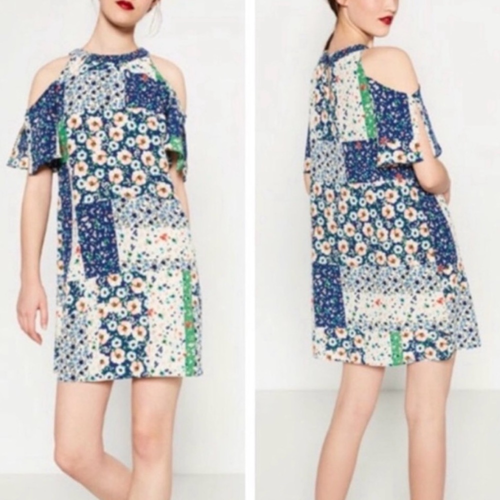 Zara Blue and White Cut Out Tiered Sundress